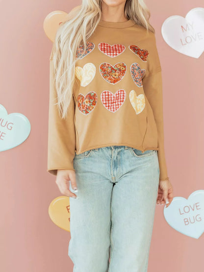 Sarah Express Women's Plaid Floral Heart Stitched Exposed Seam Mineral Wash Sweatshirt