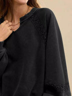 Sarah Express Women's Notched Raglan Sleeve Sweatshirt with Lace Detail