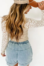 Sarah Express Women's Mock Neck Long Sleeve Lace Patchwork T-Shirt