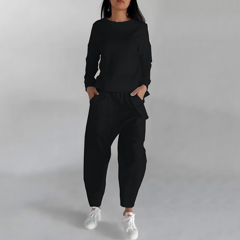 Sarah Express Women's Two Piece Sweatshirt Set - Long Sleeve Top with Back Slit & Loose Trousers with Pockets Black
