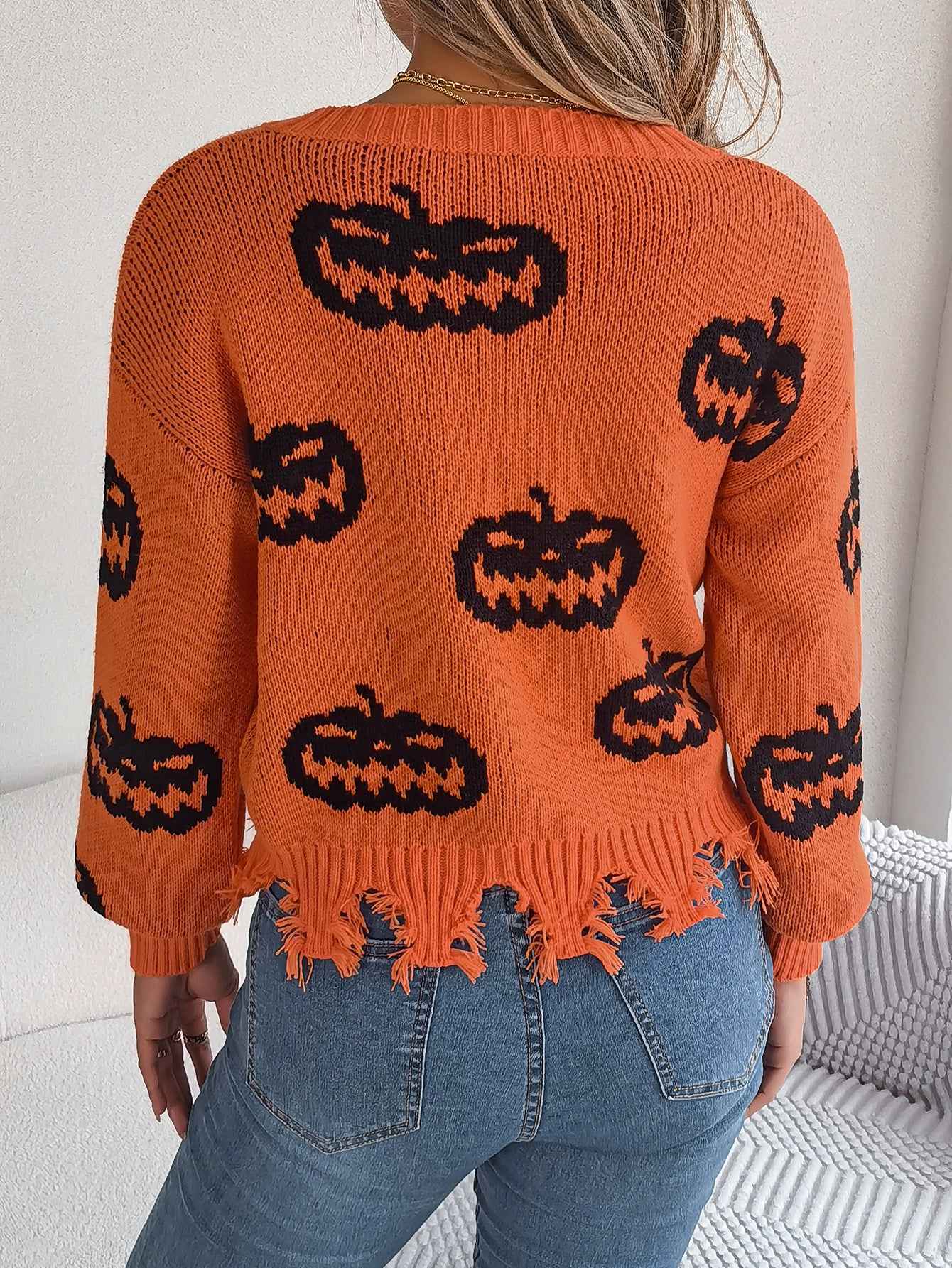 Sarah Express Women's Color Block Pumpkin Distressed Pullover Sweater Long Sleeve Knitwear