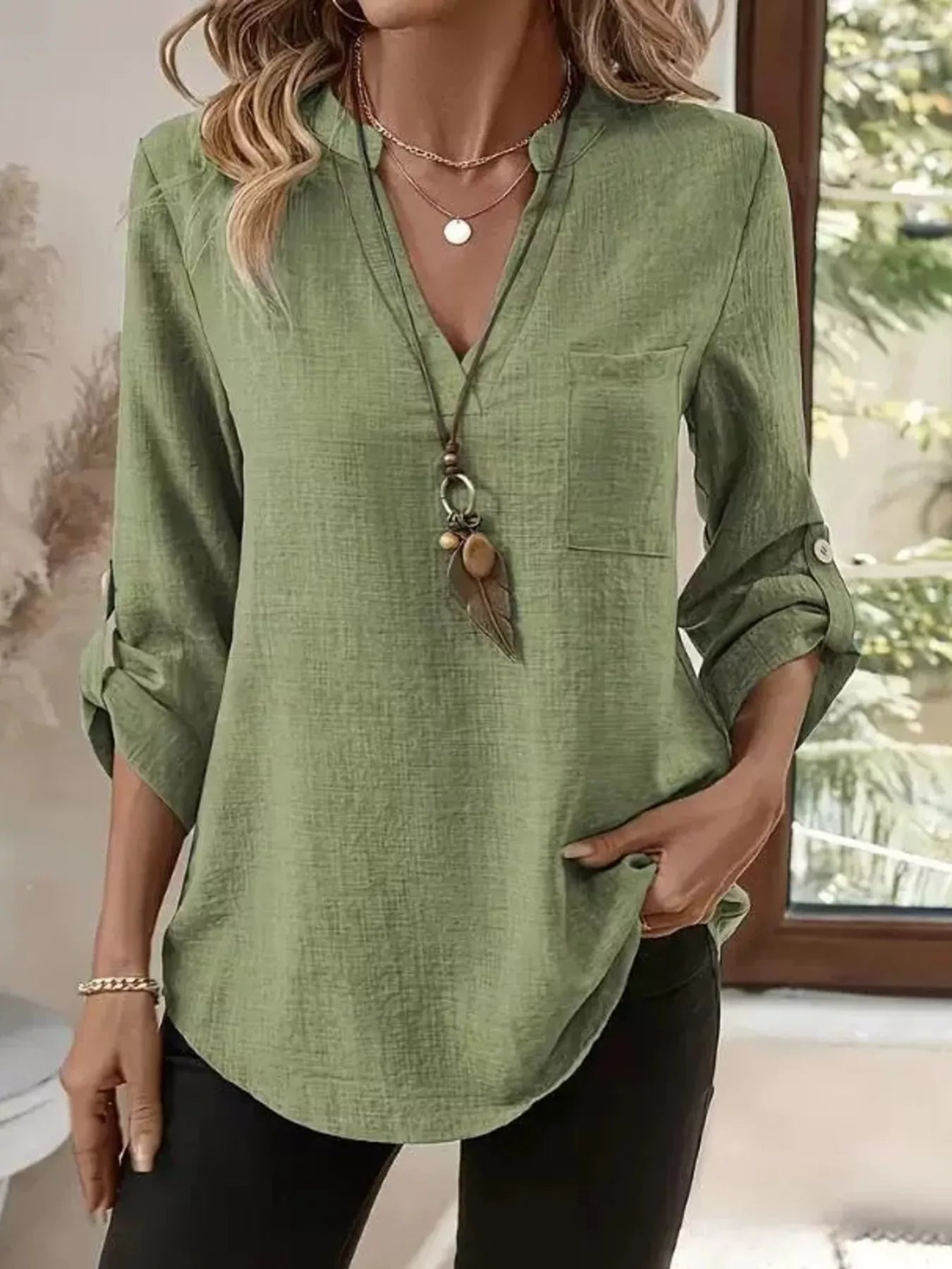 Sarah Express Women's Roll-Up Sleeve Notched Blouse Matcha Green