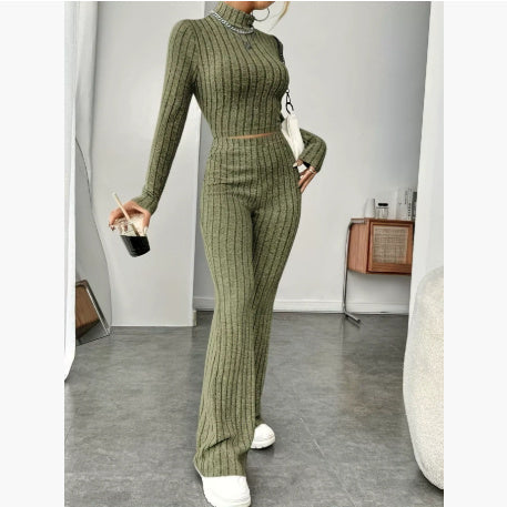Sarah Express Women's Turtleneck Top and Wide Leg Pants Two-Piece Set Cotton Loungewear Suit