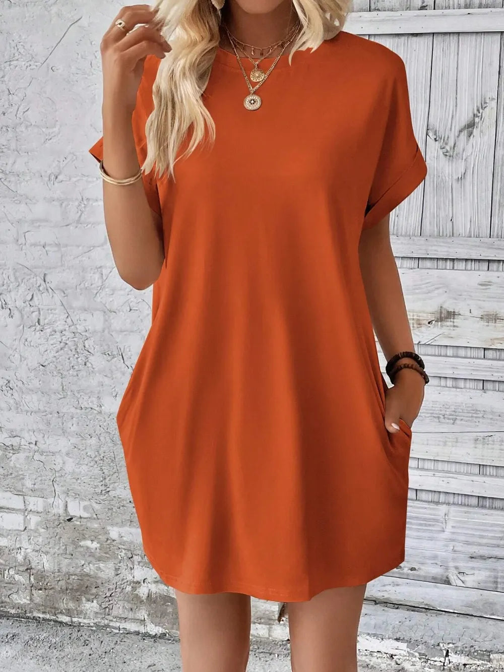 Sarah Express Women's Round Neck Short Sleeve Mini Dress Orange