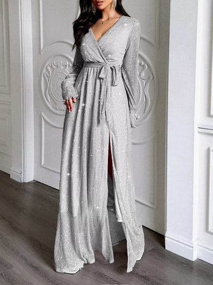 Sarah Express Women's Glittering Surplice Long Sleeve Slit Maxi Dress Silver