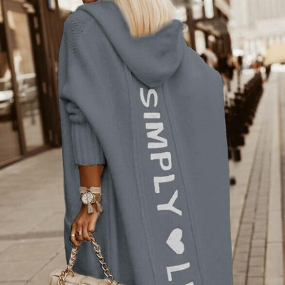 Sarah Express Women's Letter Print Hooded Long Cardigan Oversized Knit