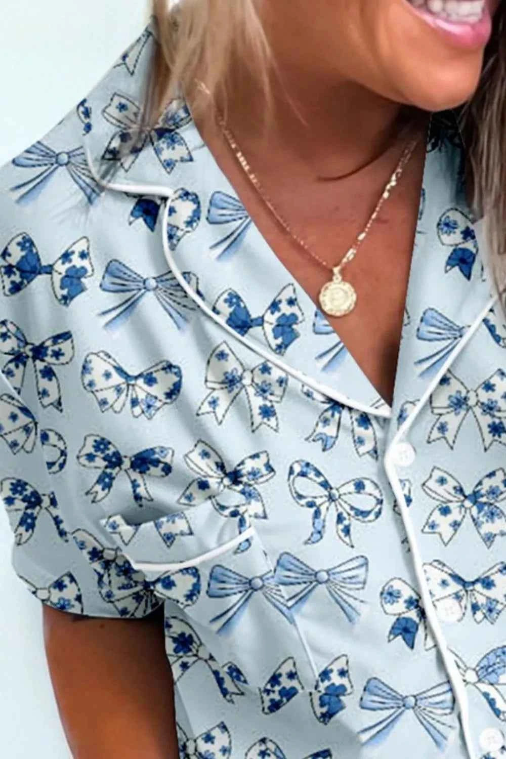 Sarah Express Women's Bow Print Button Up Pajama Set - Short Sleeve Top & Shorts