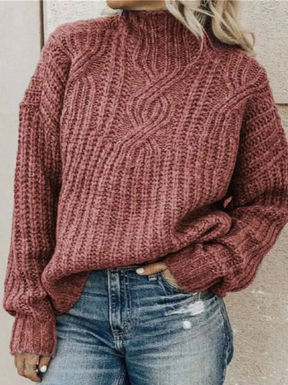 Sarah Express Women's Turtleneck Cable-Knit Sweater Plus Size Long Sleeve Pink