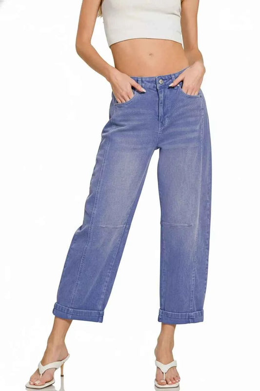 Zenana High Rise Barrel-Leg Cropped Jeans
