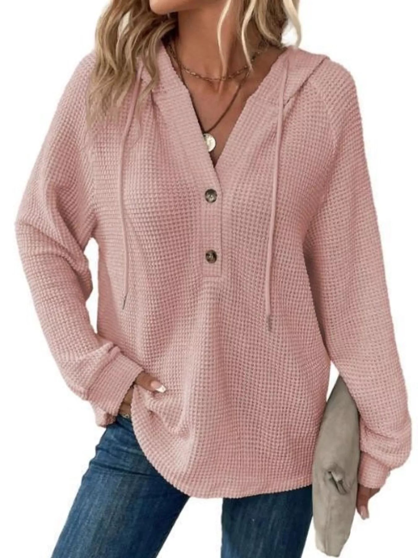 Sarah Express Women's Button Detail Waffle Knit Hoodie - Plus Size Drawstring Pullover with Pockets Pink