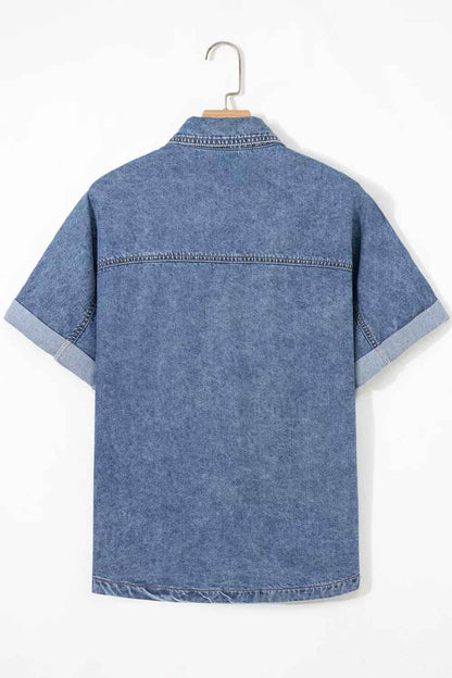 Sarah Express Women's Denim Shacket Button Front Short Sleeve Jacket with Pockets