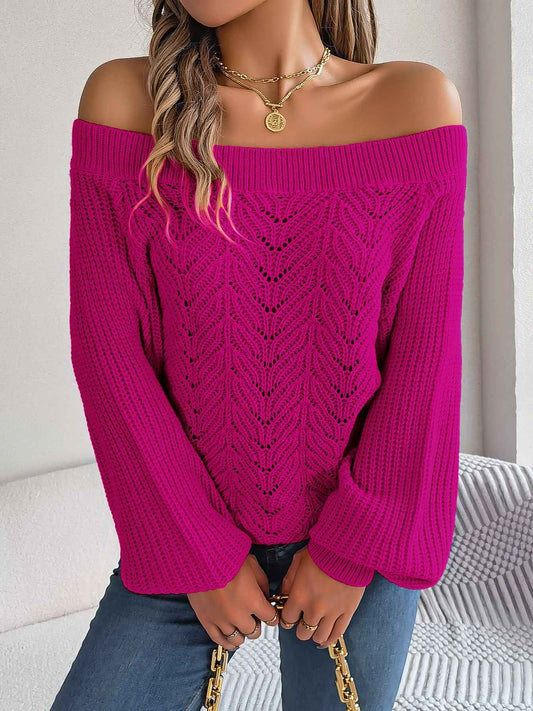 Sarah Express Women's Off-Shoulder Hollow Out Sweater - Lantern Sleeve Knit Top