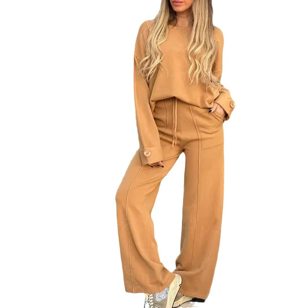Sarah Express Women's Two-Piece Matching Set Long Sleeve Top Wide Leg Pants