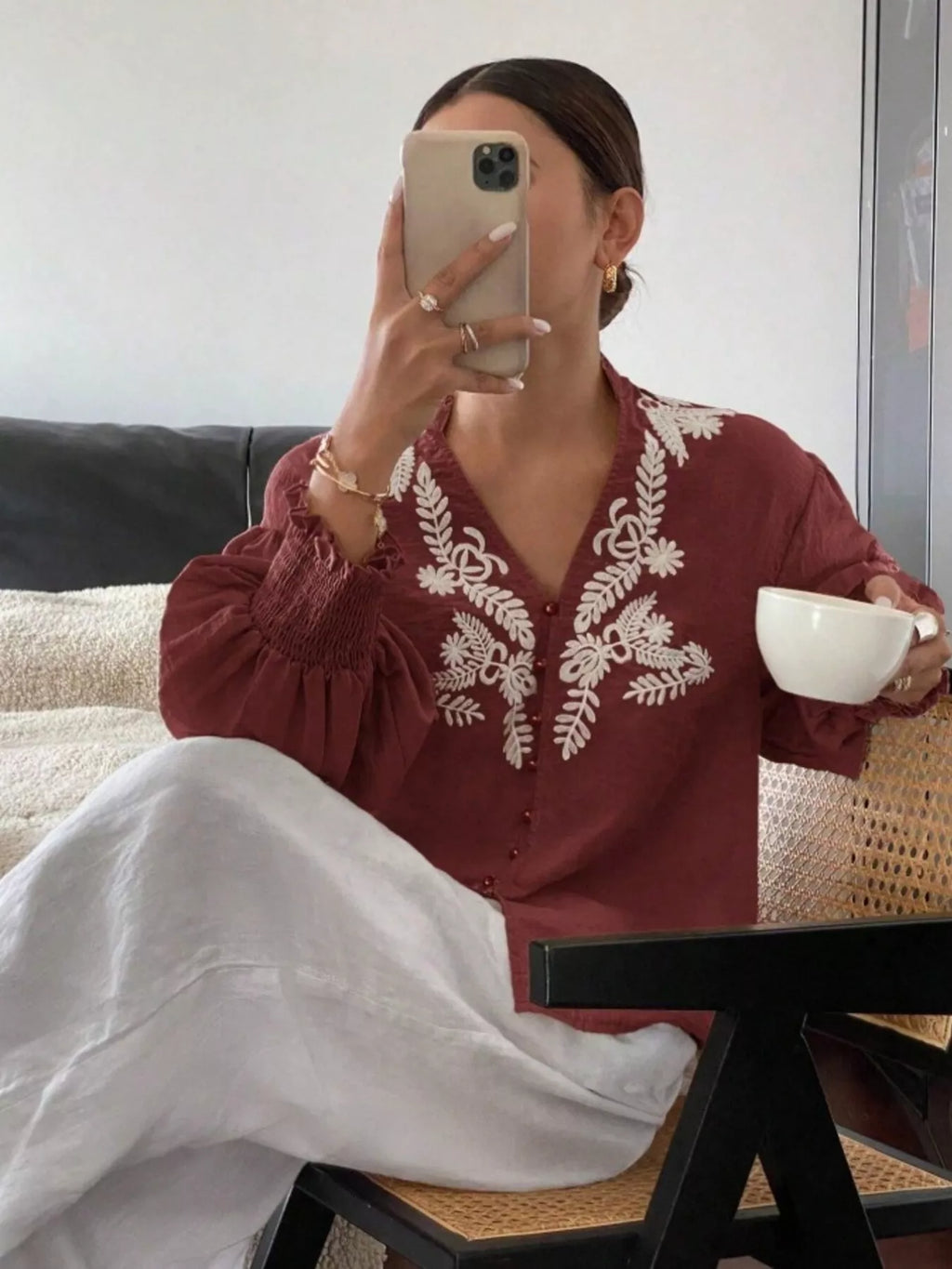 Sarah Express Women's Embroidered Long Sleeve Blouse