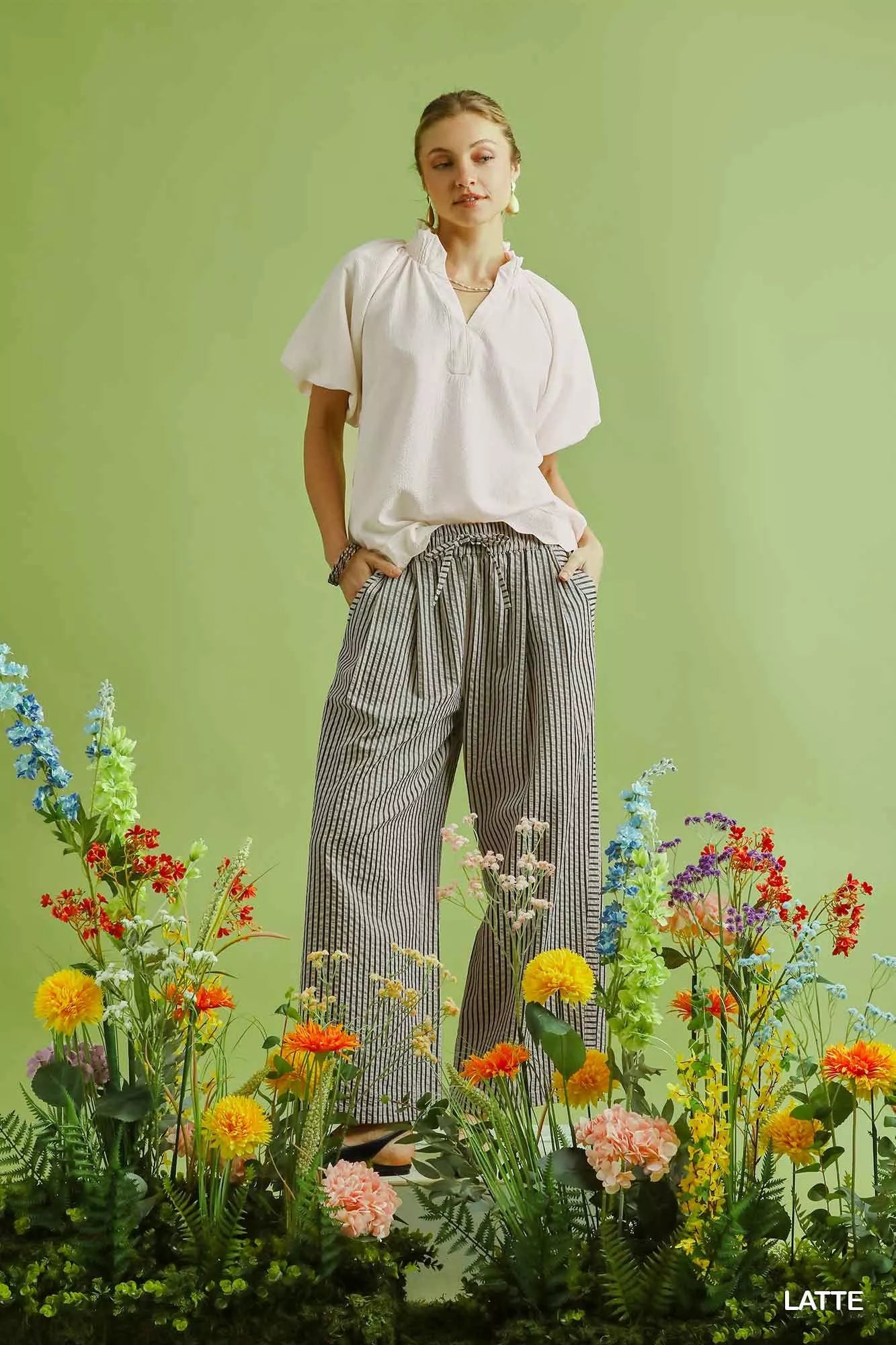 Sarah Express Women's Drawstring Striped Wide-Leg Pants