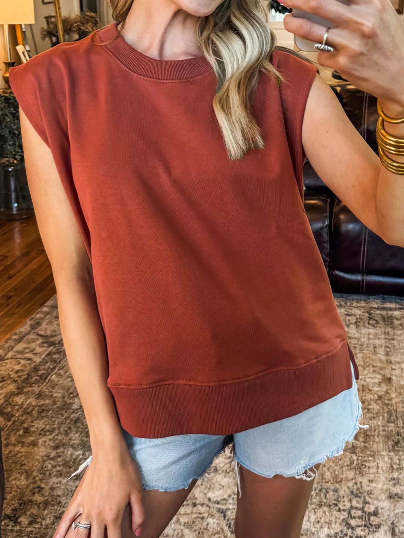 Sarah Express Women's Ribbed Trim Cap Sleeve Sweatshirt