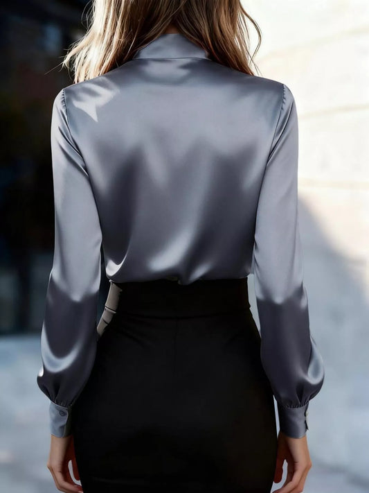 Sarah Express Women's Satin Bow Tie Long Sleeve Blouse