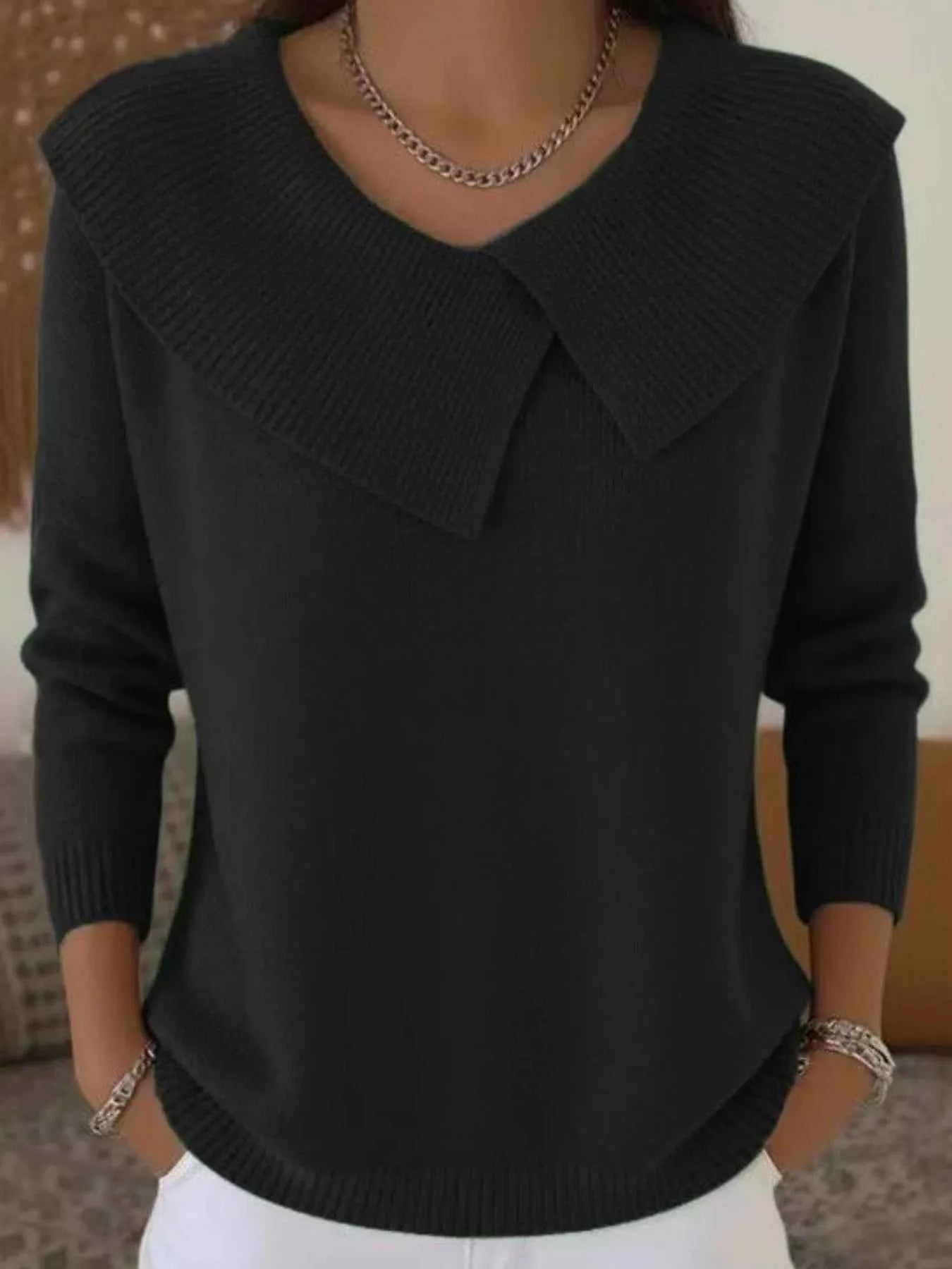 Sarah Express Women's Plus Size Solid Color Ribbed Hem Sweater - Casual Knitwear Top