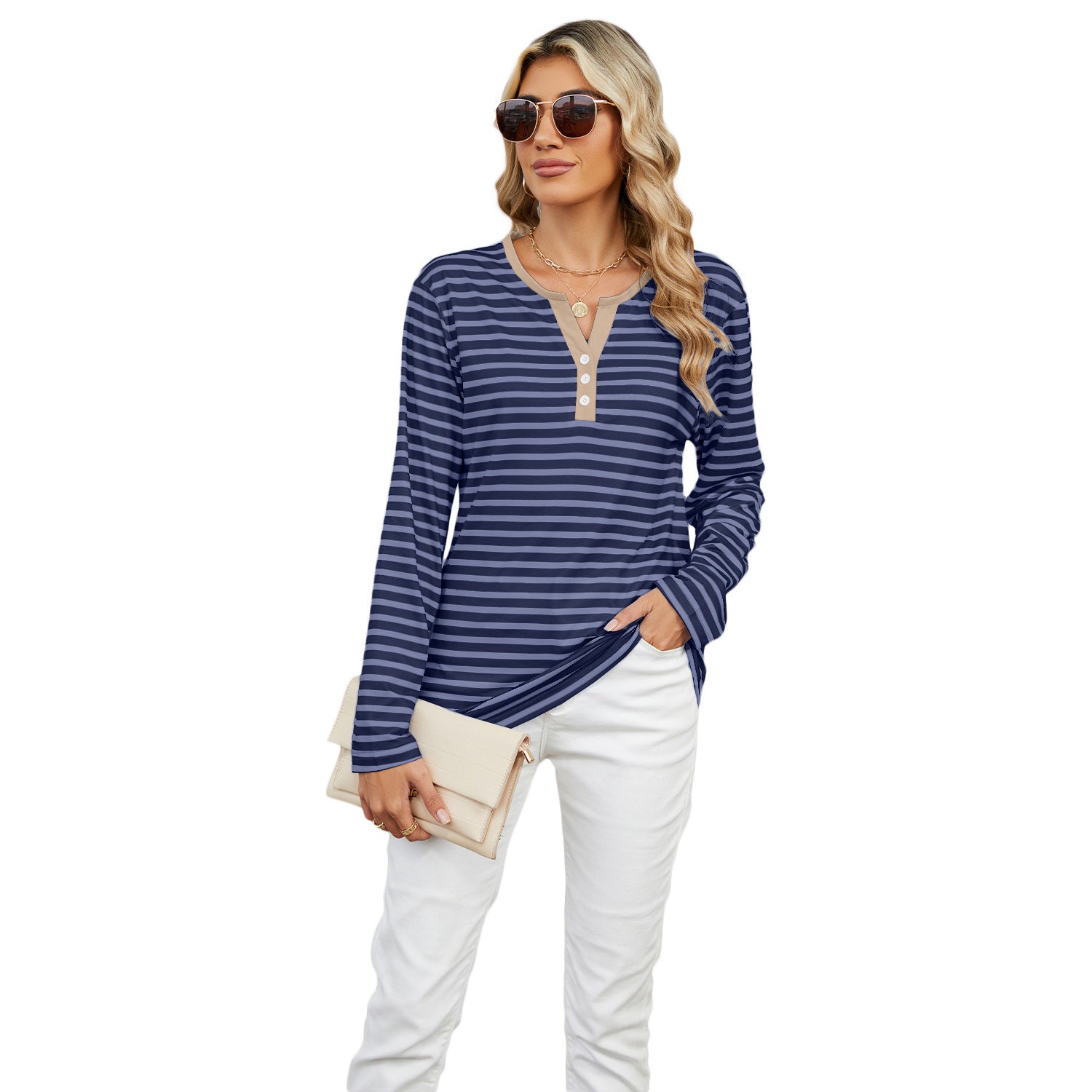 Sarah Express Women's V-Neck Striped Long Sleeve T-Shirt Loose Fit Casual Top