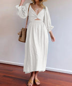 Sarah Express Women's Reversible V-Neck Dress Lantern Sleeve Mid-Length Polyester
