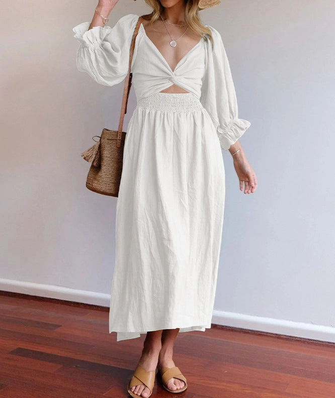 Sarah Express Women's Reversible V-Neck Dress Lantern Sleeve Mid-Length Polyester