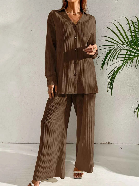 Sarah Express Women's Long Sleeve Shirt & Wide Leg Pants Two-Piece Set Dark Brown