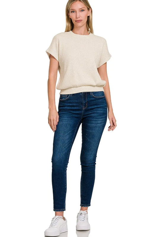 Sarah Express Women's Round Neck Banded Button Short Sleeve Sweater - Ribbed Knit Top