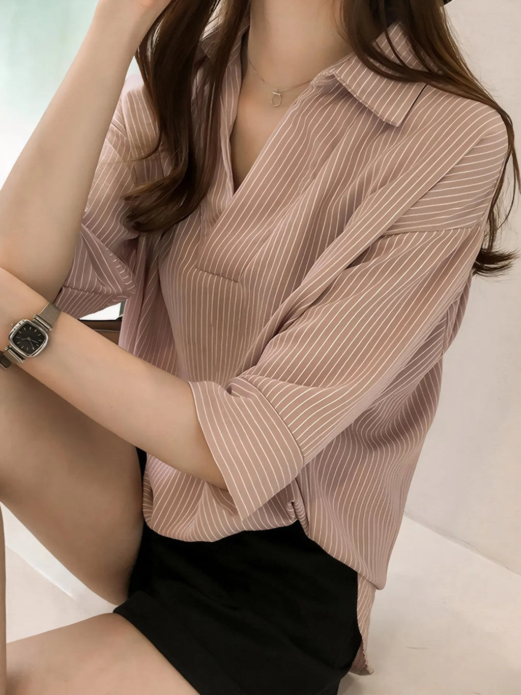 Sarah Express Women's Striped Collared Neck Shirt - Three Quarter Sleeve Button Down Blouse