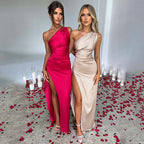 One-shoulder Backless Slit Dress Summer Elegant Slim-fit Solid Color Satin Dresses For Women