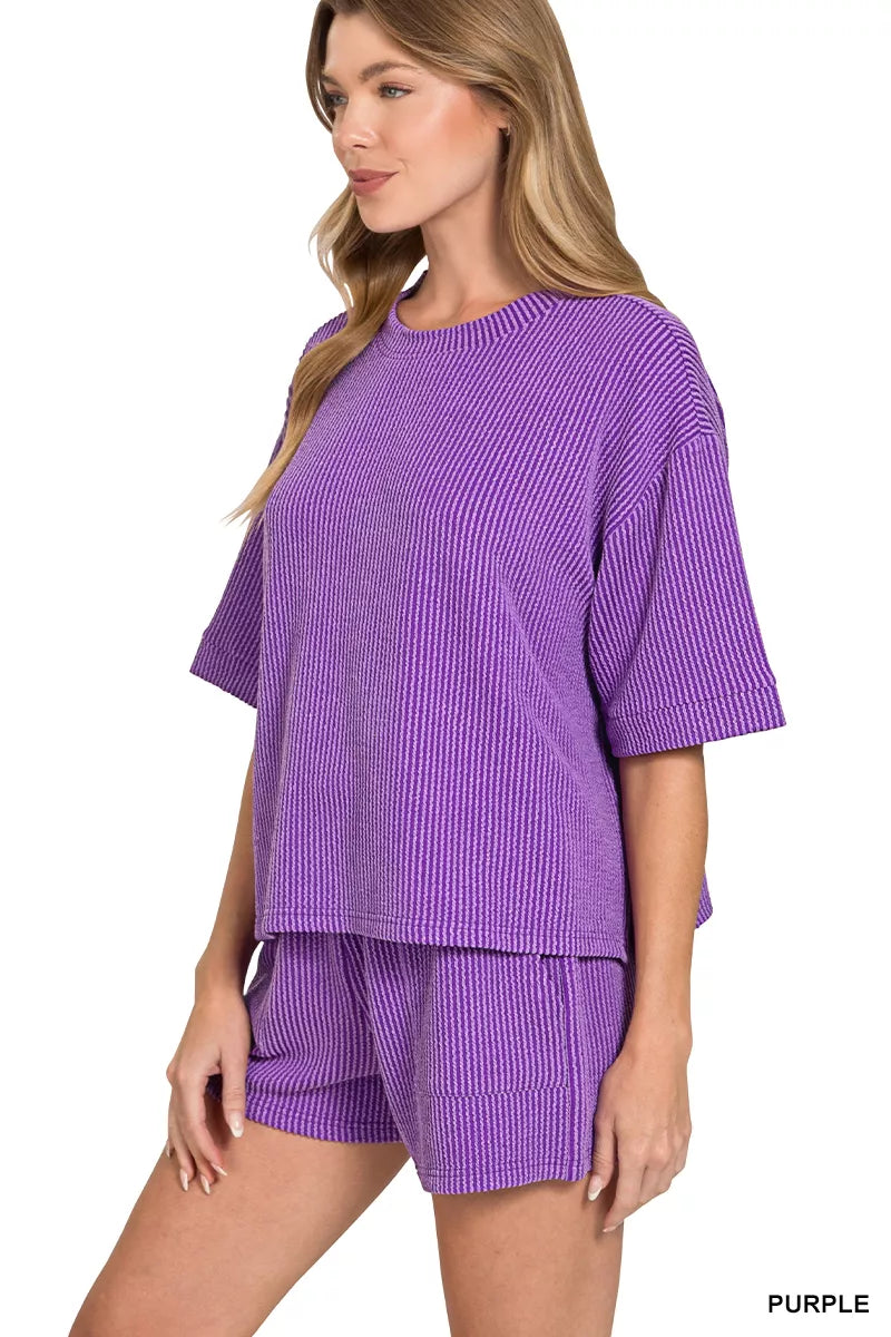 Sarah Express Women's Raised Rib Short Sleeve Tee and Drawstring Shorts Set