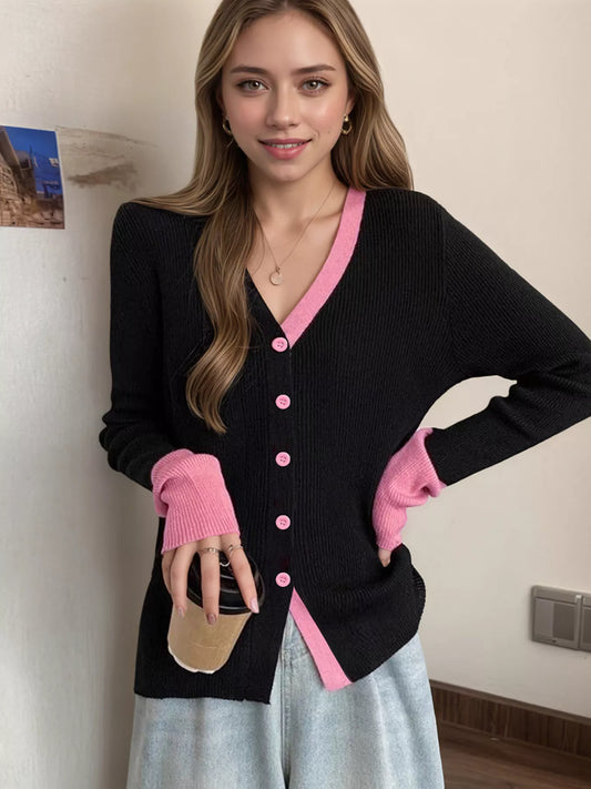 Sarah Express Women's Contrast Trim Ribbed Knit Cardigan