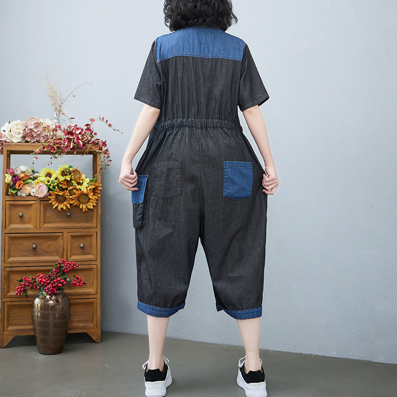 Sarah Express Drawstring Denim-Style Jumpsuit Wide Leg Cropped One Size