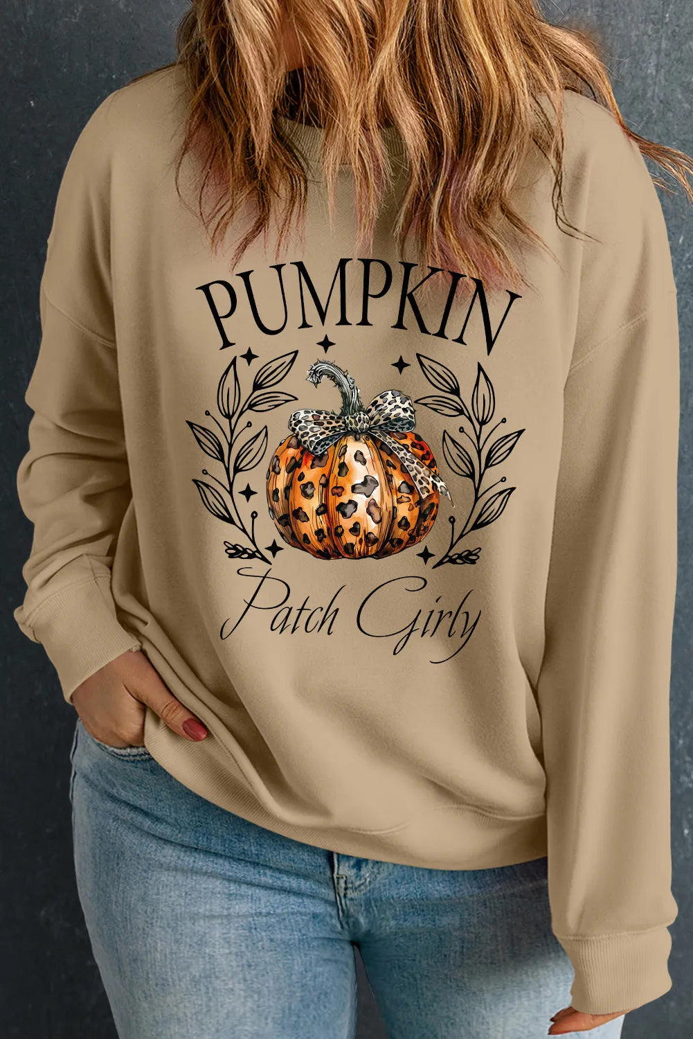 Sarah Express Women's Plus Size Pumpkin Graphic Long Sleeve Sweatshirt Khaki
