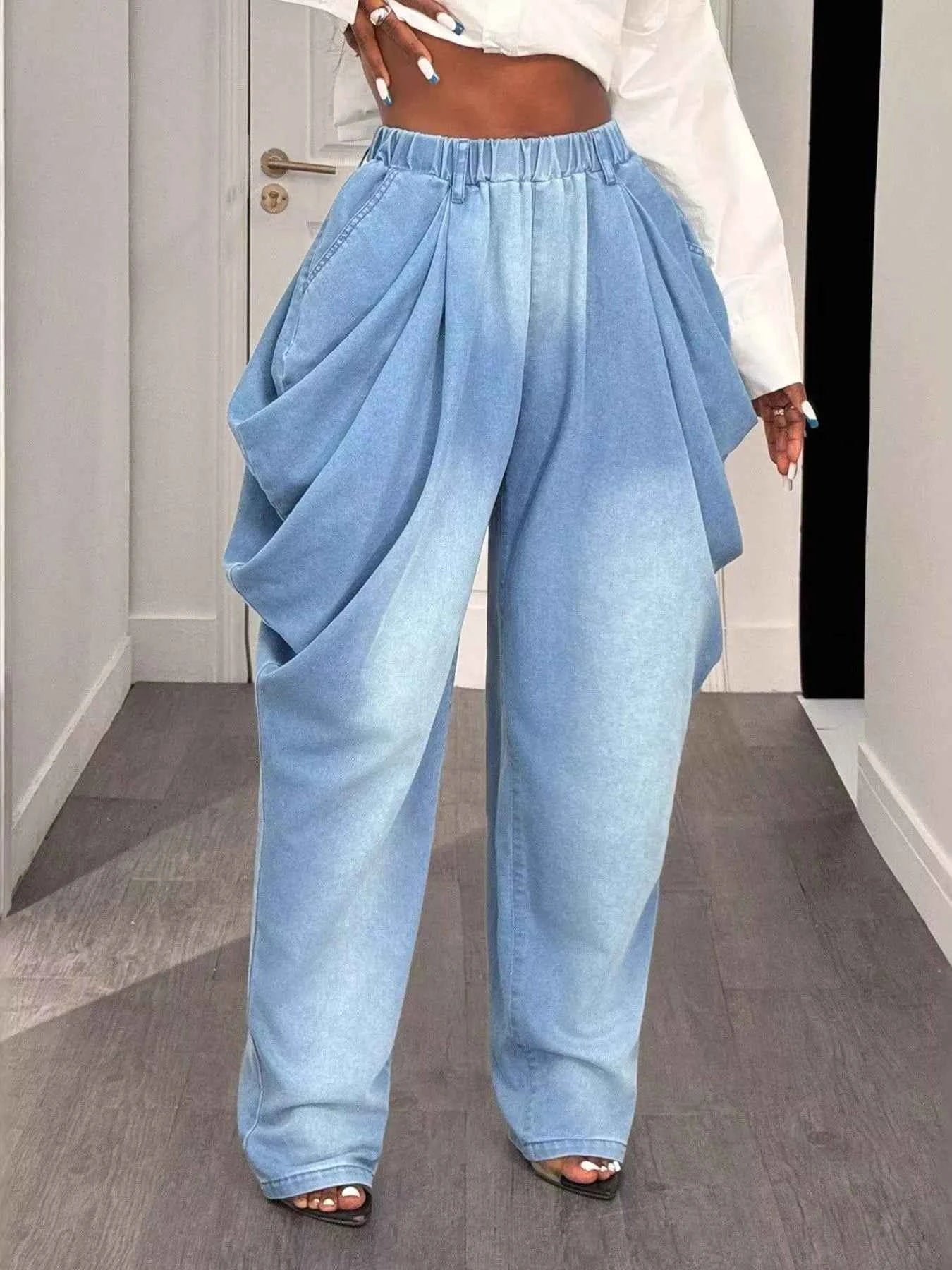 Sarah Express Women's Ruched Wide Leg Jeans - High Waist Cotton Blend Denim Pants