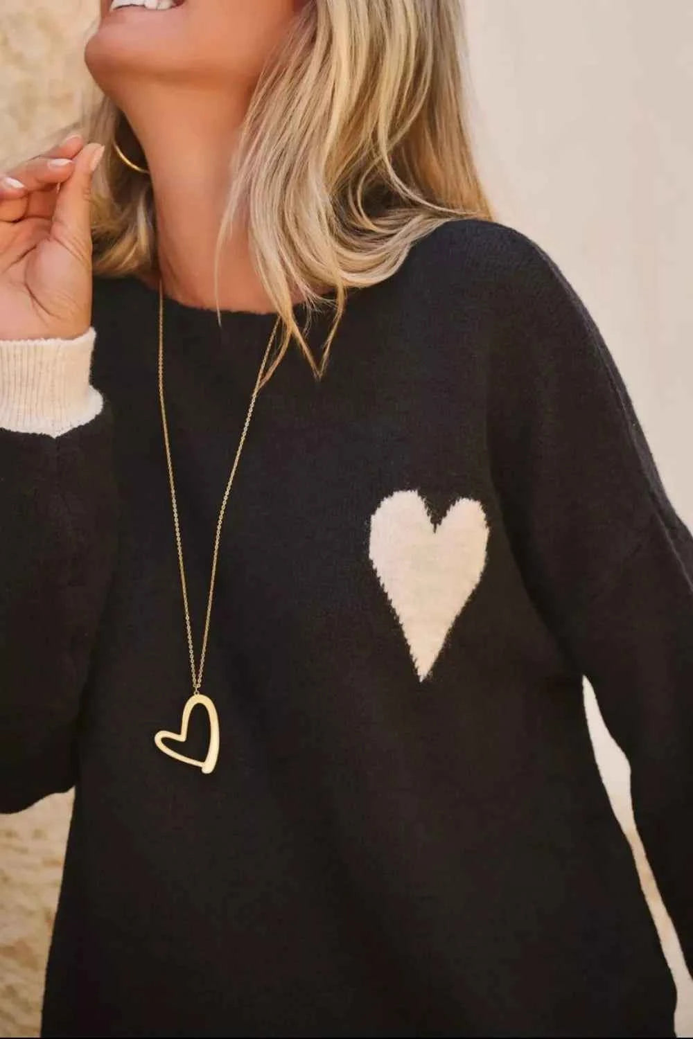 Sarah Express Women's Heart Pattern Round Neck Long Sleeve Sweater