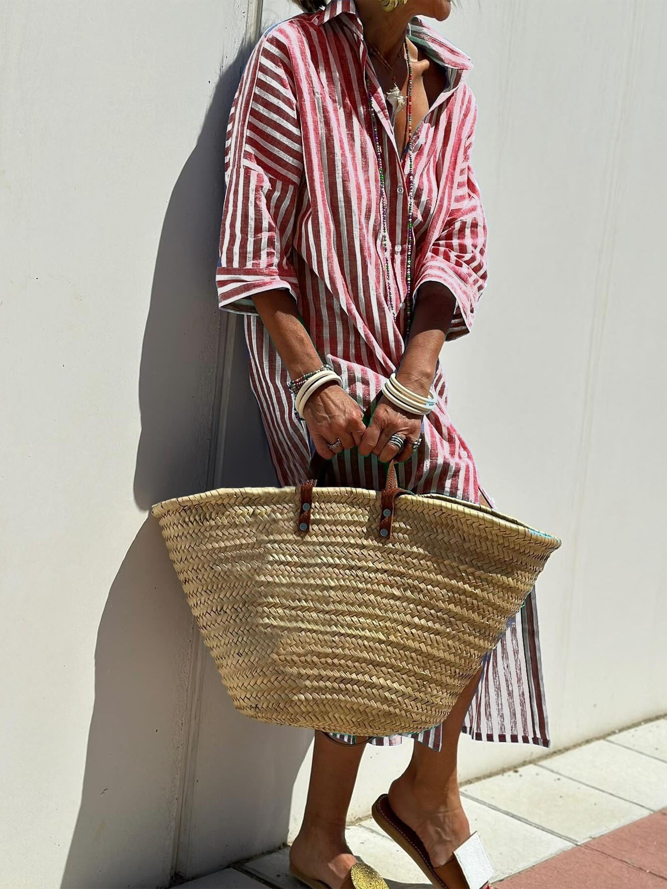 Sarah Express Women's Striped Shirt Dress Button Front Maxi with Belt
