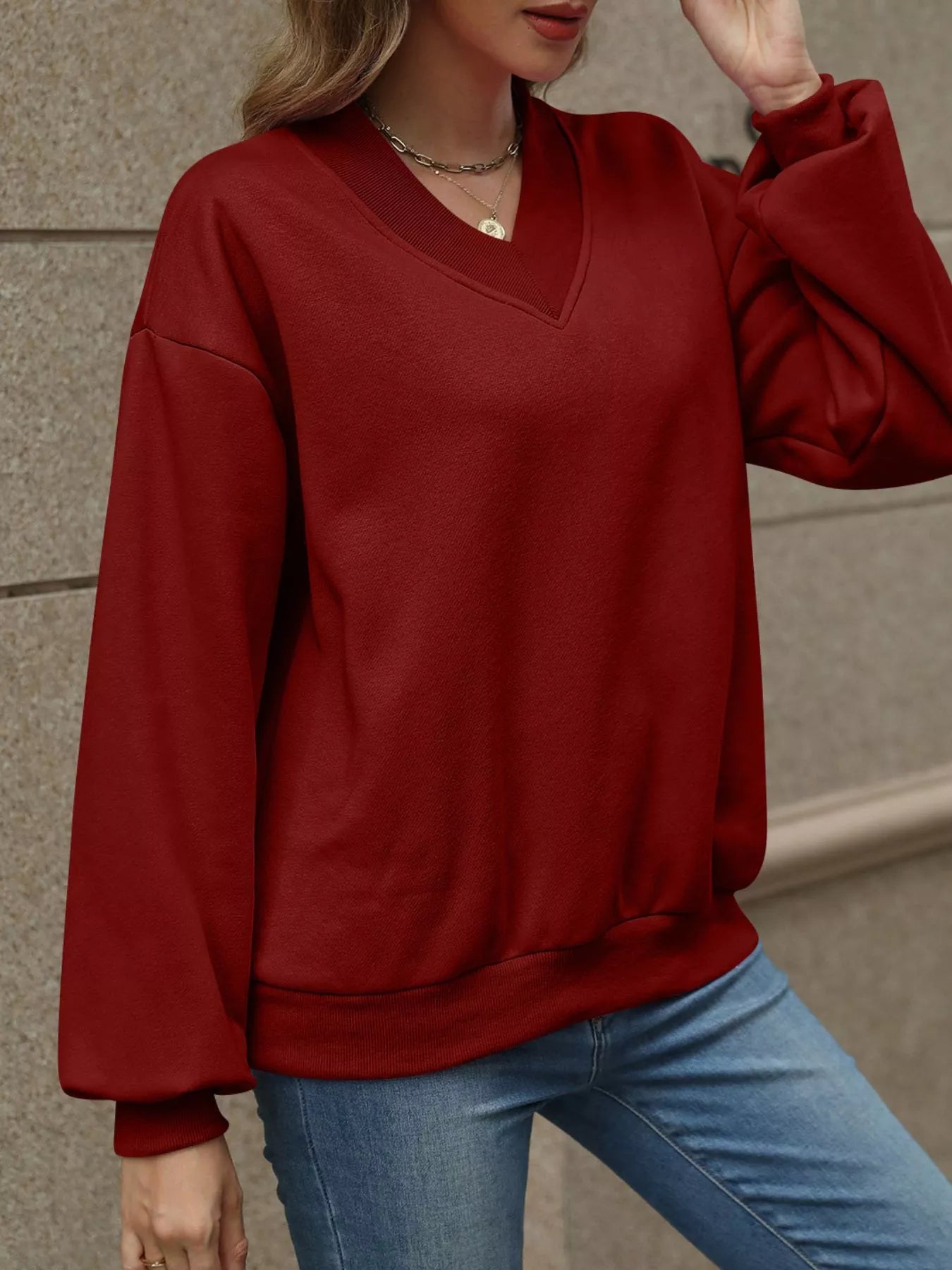 Sarah Express Women's V-Neck Solid Color Casual Sweatshirt