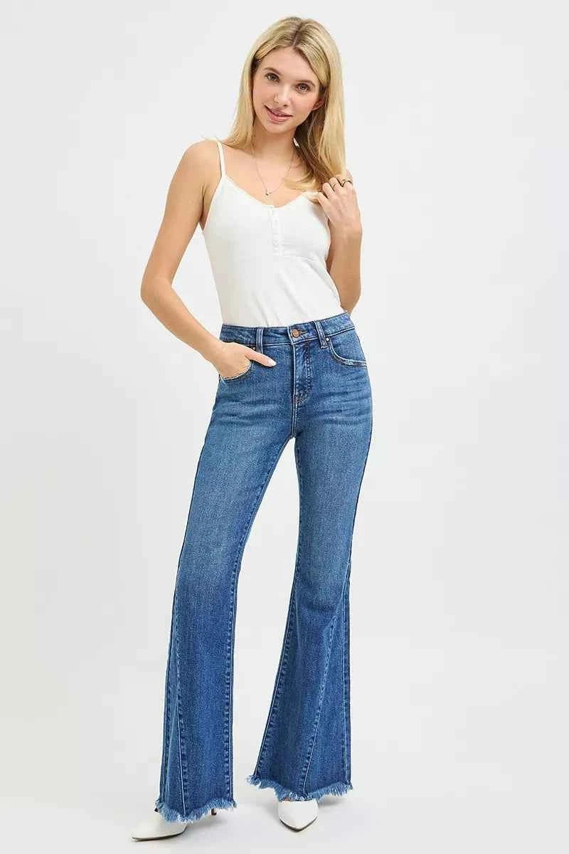 Sarah Express Women's Mid Rise Flare Jeans with Side Seam Detailing - RISEN Denim