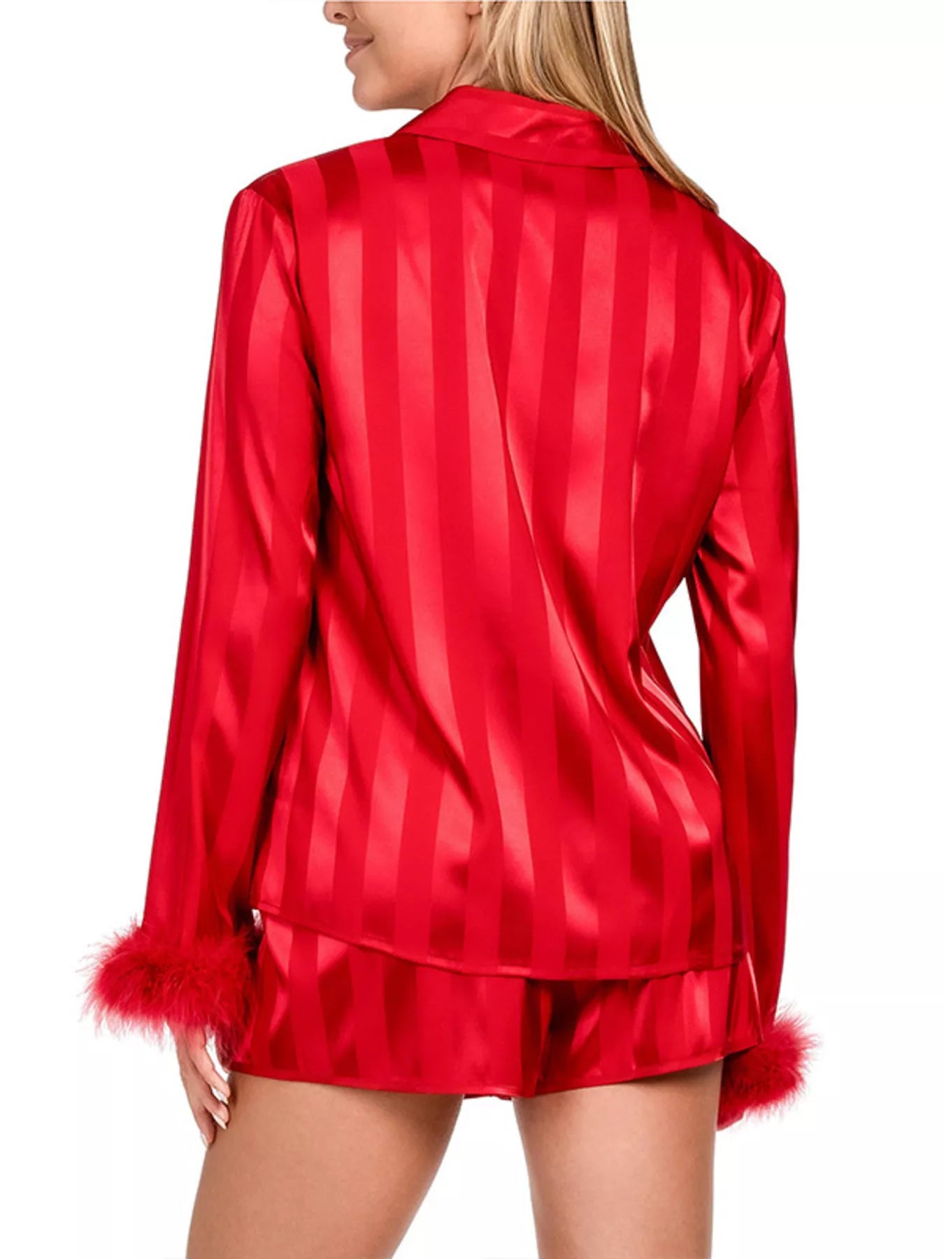 Sarah Express Women's Striped Feather Trim Shirt and Shorts Lounge Set