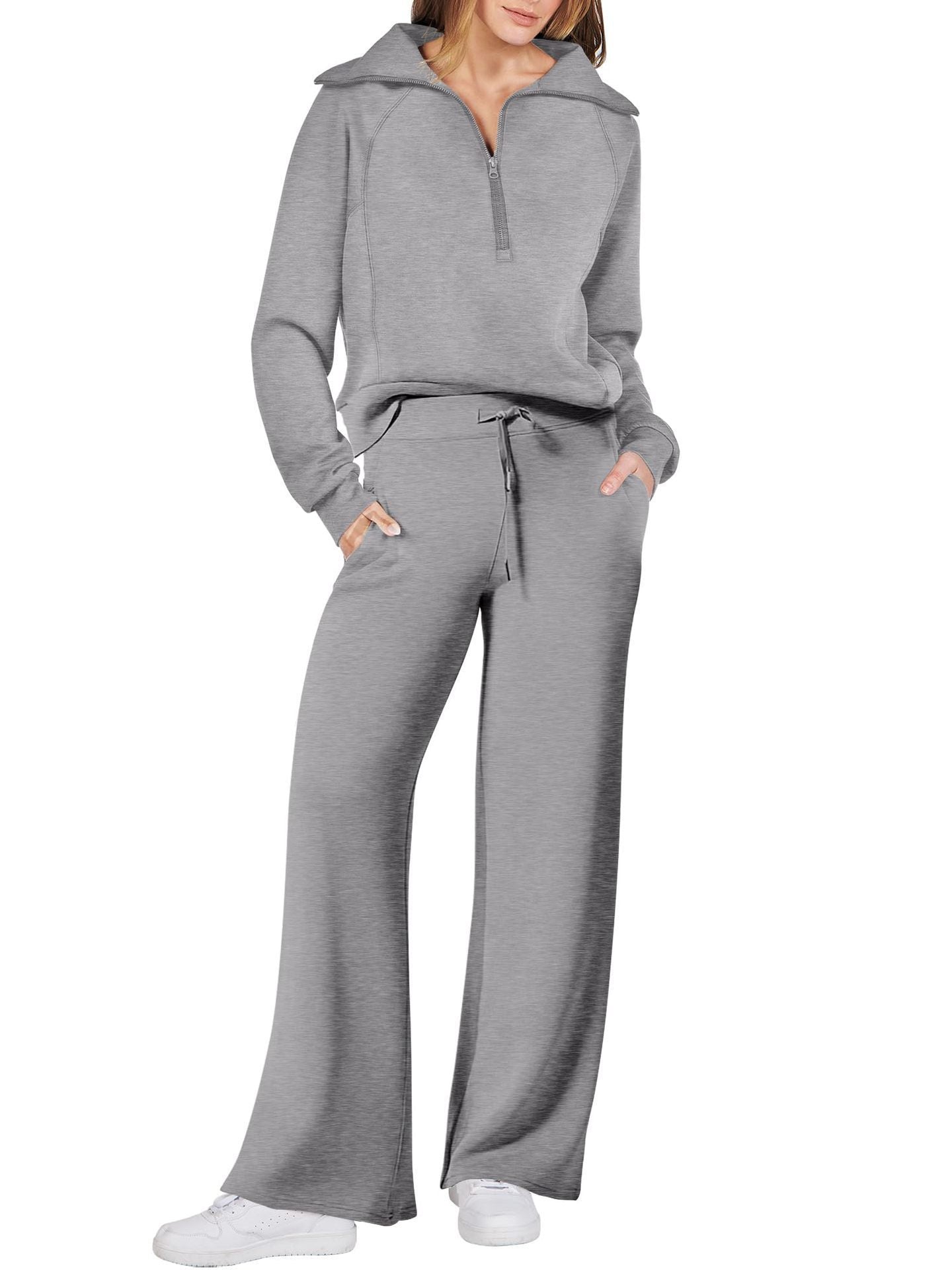 Sarah Express Women's Long Sleeve Zipper Sweatshirt and Wide-Leg Pants Athleisure Set