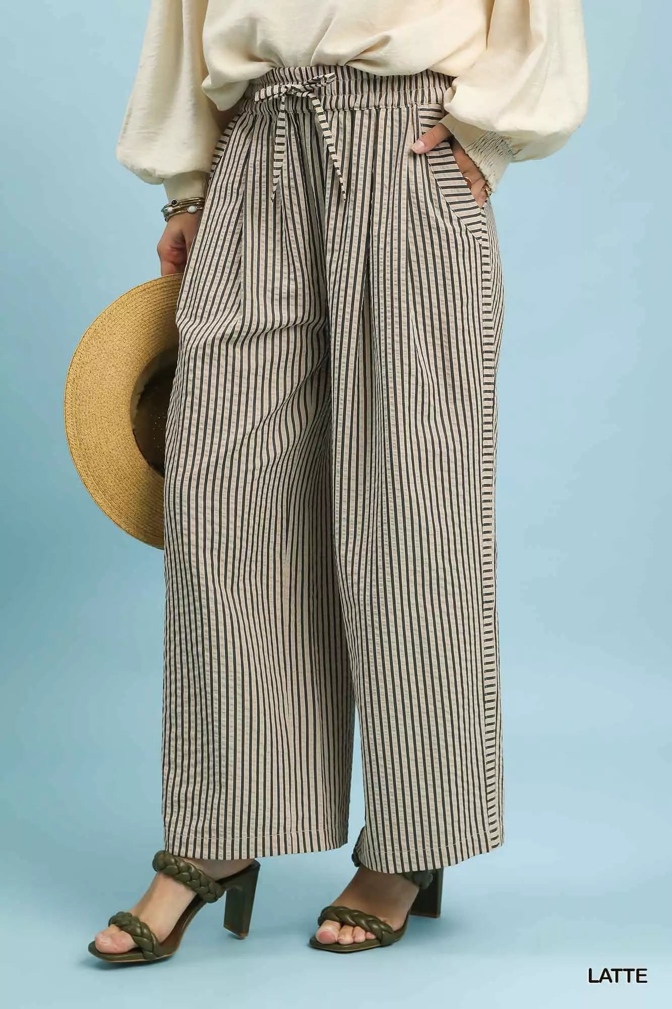 Sarah Express Women's Drawstring Striped Wide-Leg Pants