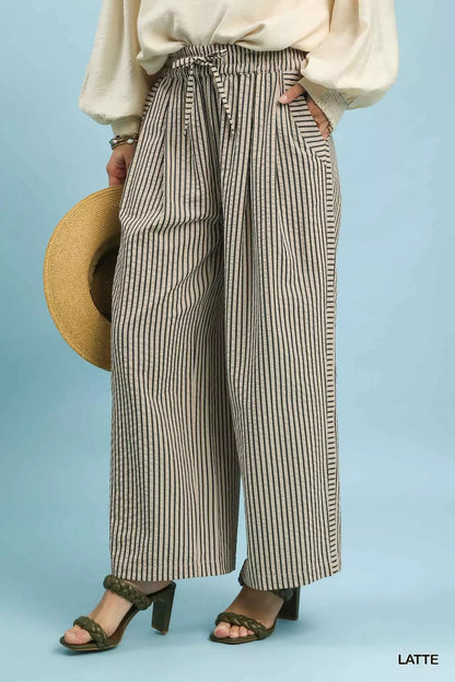 Sarah Express Women's Drawstring Striped Wide-Leg Pants