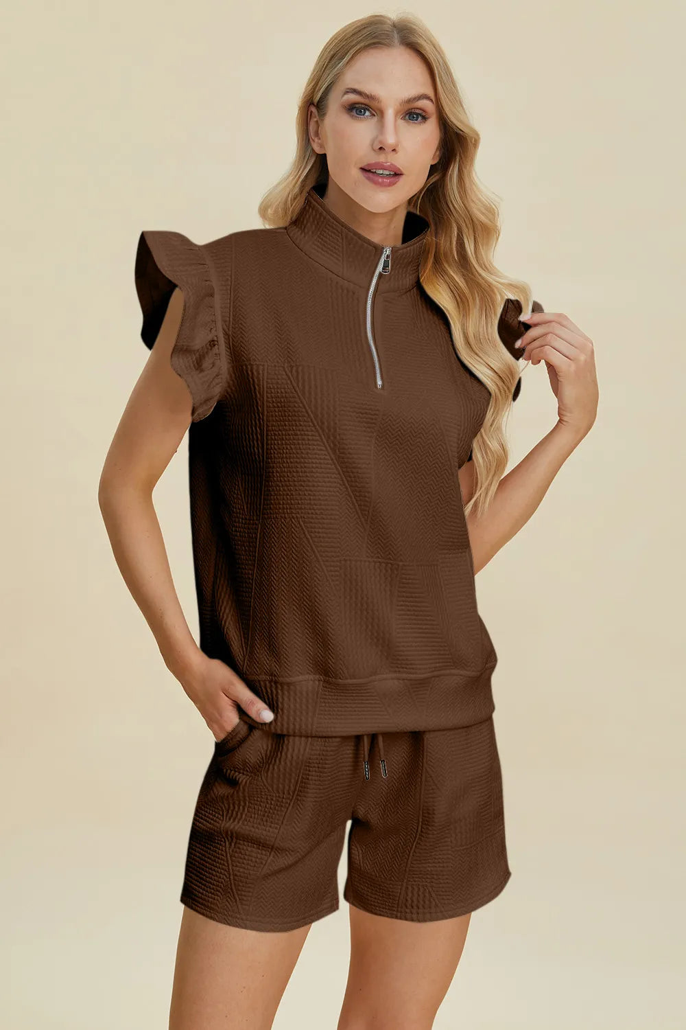 Sarah Express Women's Textured Flounce Sleeve Top and Shorts Set Brown