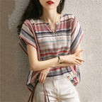 Sarah Express Women's Striped Long Sleeve Button-Up Shirt Loose Fit V-Neck Cardigan Top