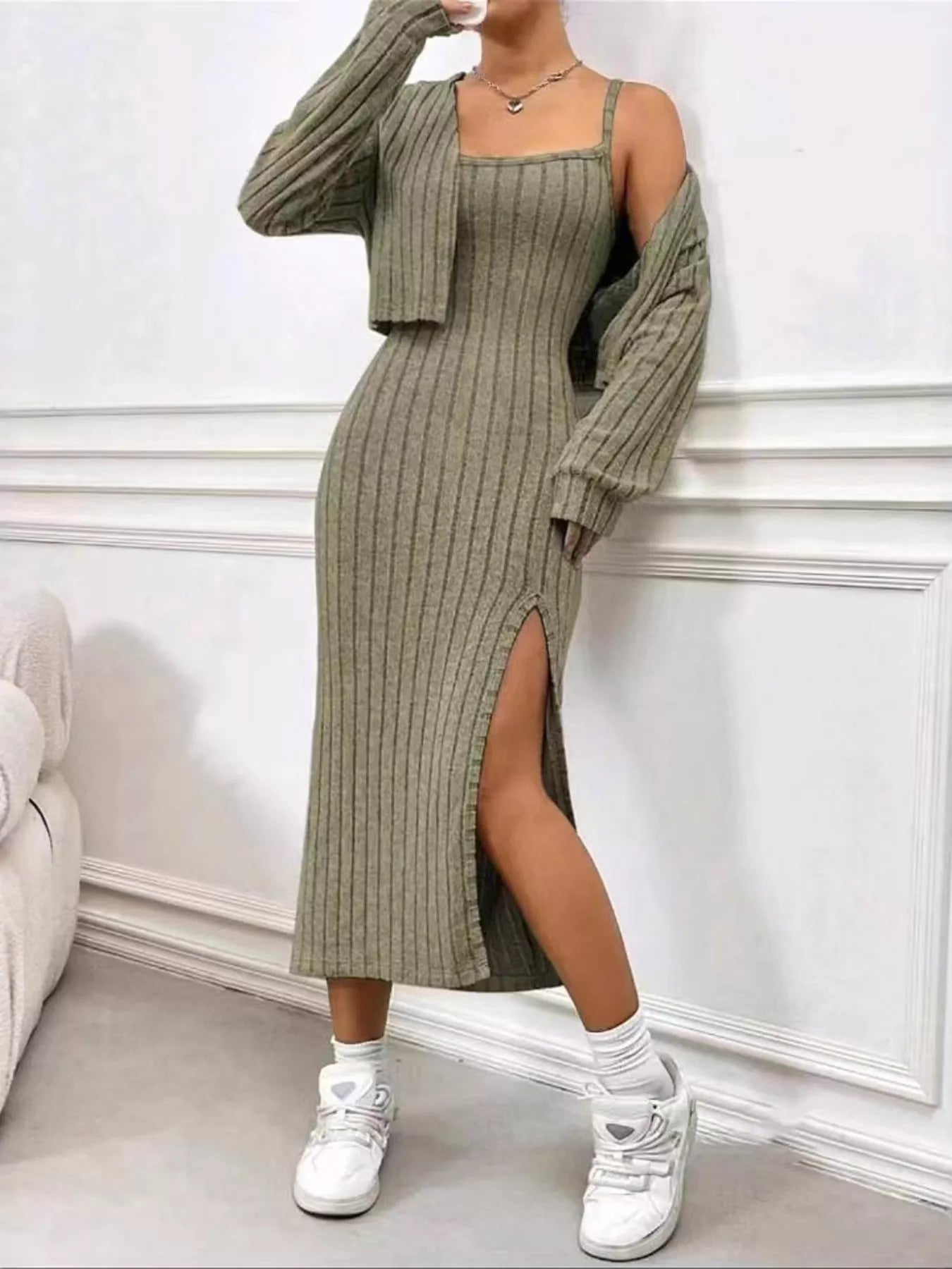 Sarah Express Women's Ribbed Knit Cami Dress & Cardigan Set - Two Piece Outfit Olive