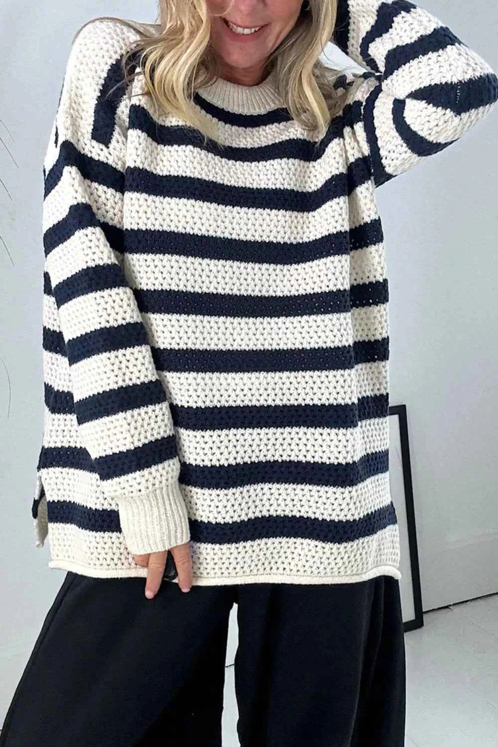 Sarah Express Women's Striped Knit Dropped Shoulder Sweater - Ribbed Long Sleeve Top Sapphire Blue