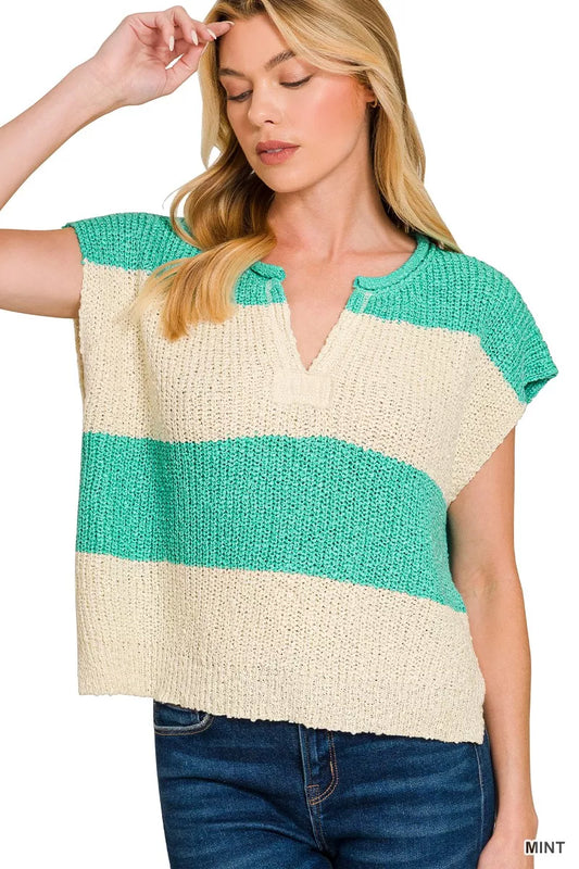Sarah Express Women's Split Neck Sleeveless Stripe Sweater MINT