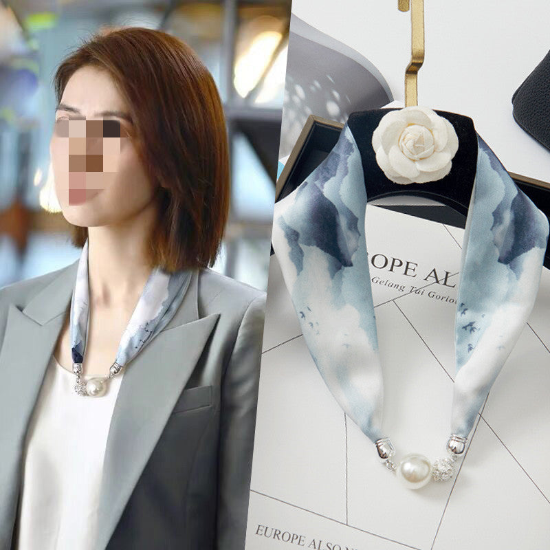 Sarah Express Magnetic Buckle Silk Scarf with Pearl Detail Women's Rectangular Necklace Scarf