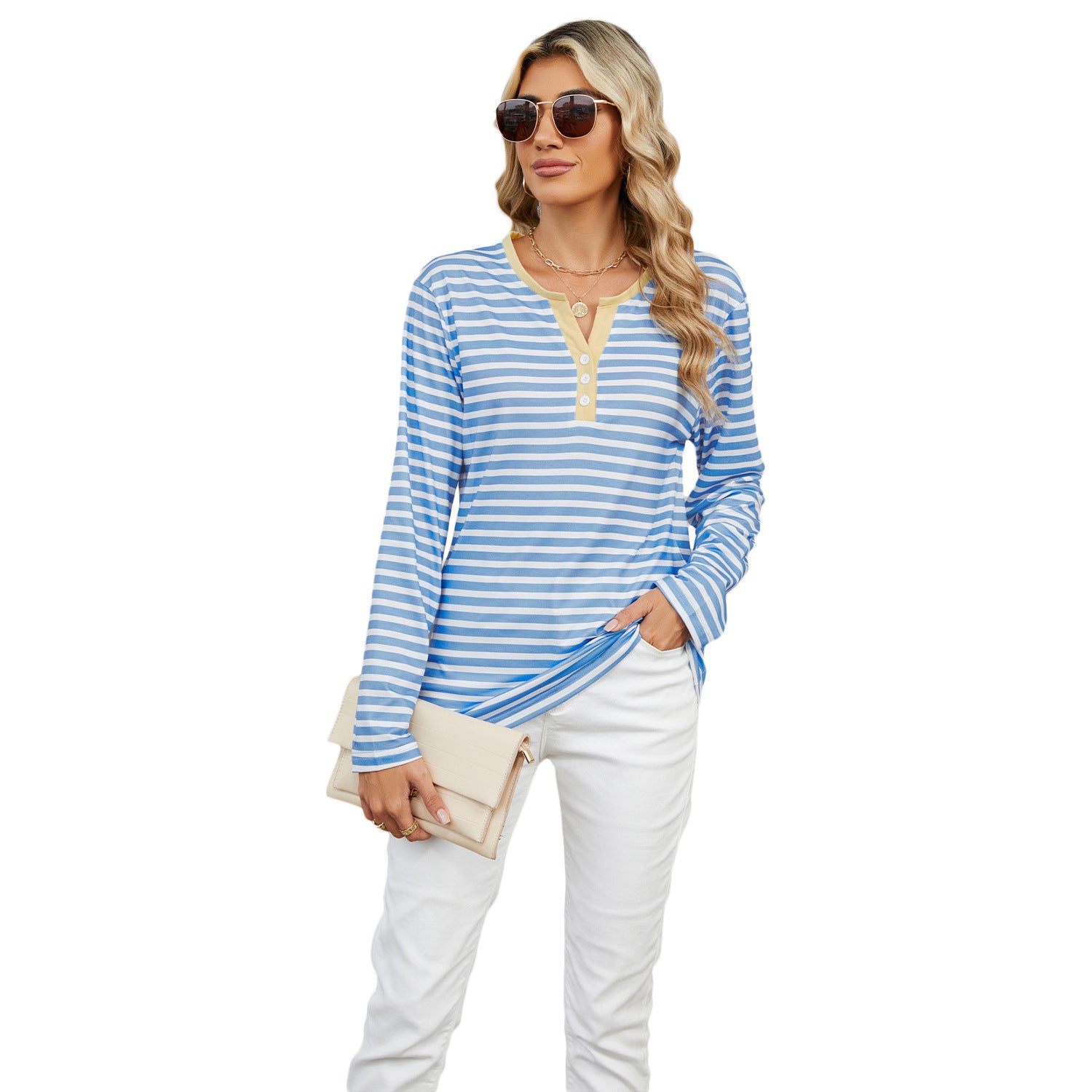 Sarah Express Women's V-Neck Striped Long Sleeve T-Shirt Loose Fit Casual Top