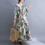 Sarah Express Women's Plus Size Printed Maxi Dress Long Sleeve Cotton Blend Literary Sweet Style